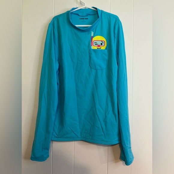 LANDS END Long Sleeve Rash Guard Smiley Face Kids L 14 Blue Swim Shirt Top - Picture 1 of 4